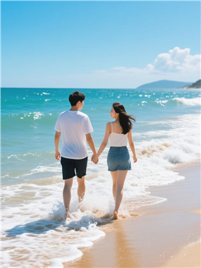 蓝色海边情侣踏浪背影图片